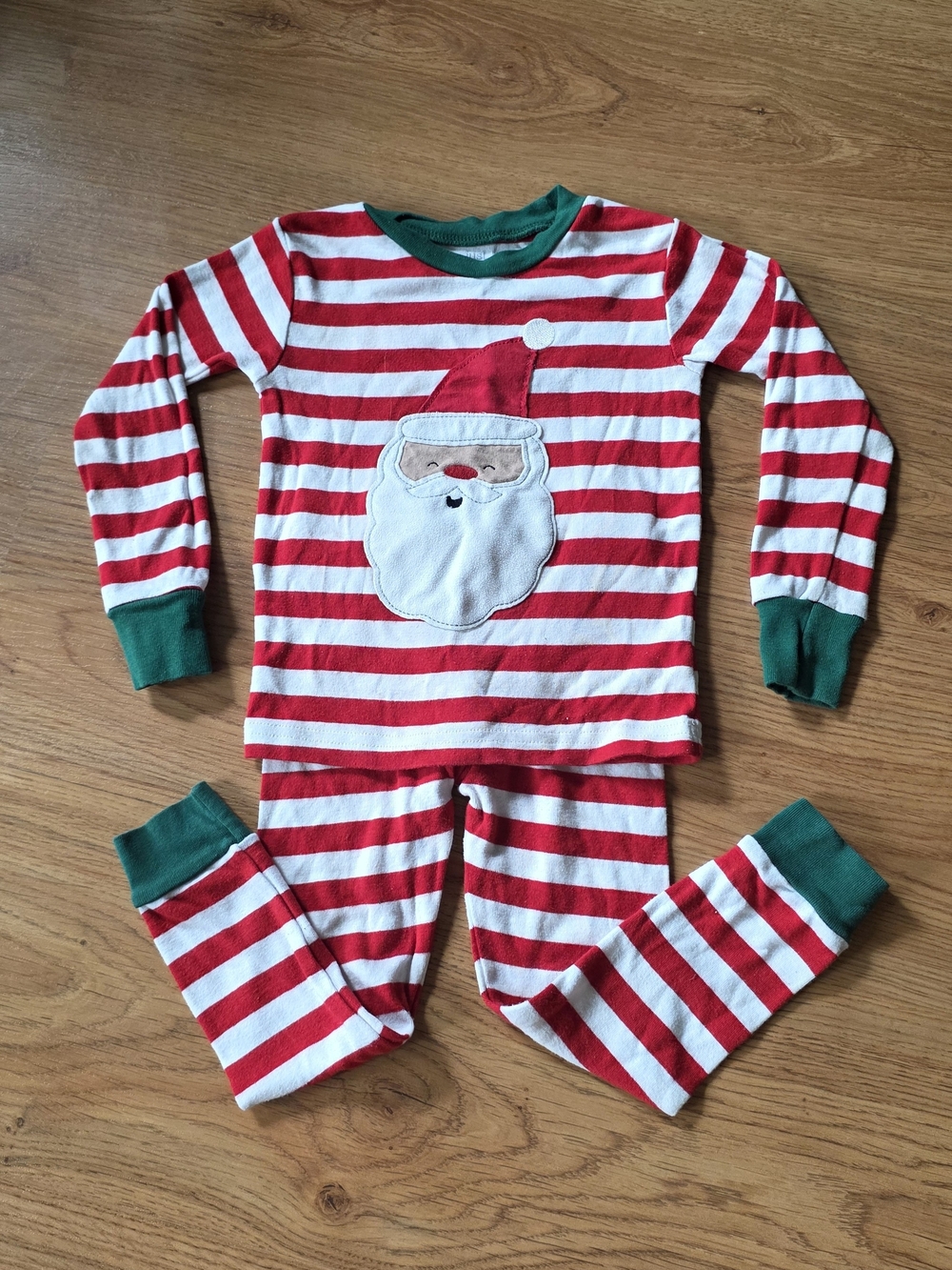 Santa Pajama Set with Candy Cane Stripes & Green Trim